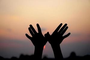 menselijk hand- silhouet van vliegend vogel zonsondergang achtergrond foto