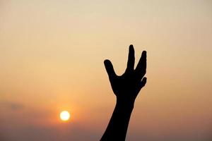 silhouet van menselijk hand- verheven naar maken een wens, zonsondergang achtergrond foto