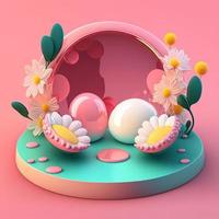3d roze podium versierd met glimmend eieren en bloemen voor Product staan Pasen dag foto
