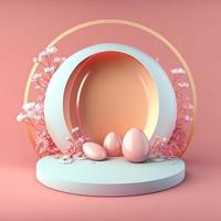 3d roze illustratie podium versierd met eieren en bloemen voor Pasen vakantie foto