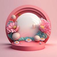 roze podium versierd met glanzend eieren en bloemen voor Product staan Pasen dag foto