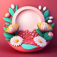 3d roze illustratie podium versierd met glimmend eieren en bloemen voor Pasen vakantie foto