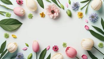 biologisch bloemen van vlak leggen bloemen en bladeren Aan een wit achtergrond met leeg ruimte foto