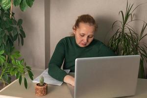 een middelbare leeftijd zakenvrouw werken Bij een bureau, maakt aantekeningen in een laptop. bedrijf, online bedrijf, werk in de kantoor foto