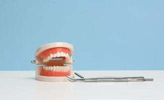 plastic model- van menselijk kaak met wit zelfs tanden en een medisch examen spiegel Aan een wit tafel foto
