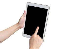 dichtbij omhoog hand- vrouw Holding tablet en touch screen Aan geïsoleerd wit met knipsel pad. foto