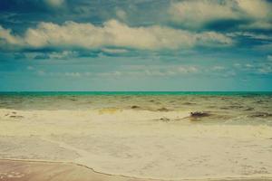 strand zee en wolken in zomer met wijnoogst toon. foto