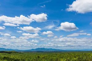 visie blauw lucht en wit wolken met groen berg foto