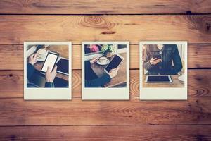 kader foto's van vrouw gebruik makend van telefoon en tablet reeks in koffie winkel concept Aan tafel hout achtergrond. wijnoogst gefilterd. foto