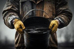 ruw olie, een Mens houdt een emmer vol van zwart ruw olie. olie veld. foto