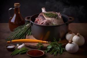 ingrediënten voor geroosterd varkensvlees knokkel in braadpan met specerijen foto