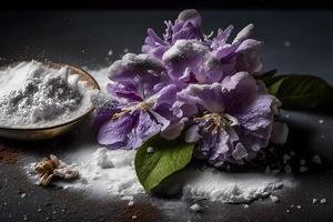 eigengemaakt en smakelijk gebakken lila bloem met gepoederd suiker voedsel fotografie foto