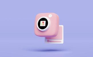 3d roze foto camera icoon geïsoleerd Aan Purper achtergrond. minimaal concept, 3d illustratie of 3d geven