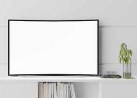 TV bespotten omhoog. LED TV met blanco wit scherm, staand Aan de dressoir. kopiëren ruimte voor reclame, film, app presentatie. leeg televisie scherm klaar voor uw ontwerp. modern interieur. 3d veroorzaken. foto