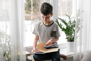 een zes jaar oud jongen is lezing een boek terwijl zittend door de venster. huis scholing foto
