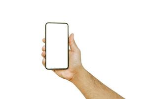 man hand met een wit scherm van de mobiele telefoon geïsoleerd op een witte achtergrond met uitknippad foto