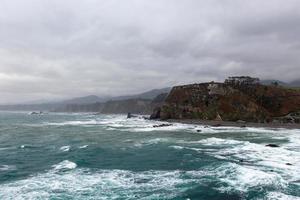 antenne visie van campiecho strand is gelegen in Asturië, Spanje Aan een bewolkt dag. foto