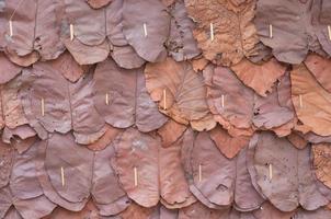 muren gemaakt van teak bladeren, sluiten omhoog achtergrond en structuur van decoratief droog bladeren Aan traditioneel muur van huisje, voor achtergrond foto