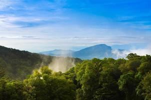 mooi bergen in wolken Bij zonsopkomst in zomer. antenne visie van berg top met groen bomen in mist. mooi landschap met hoog rotsen, Woud, lucht. foto
