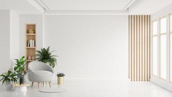 modern minimalistische interieur met een fauteuil Aan leeg wit kleur muur achtergrond. foto