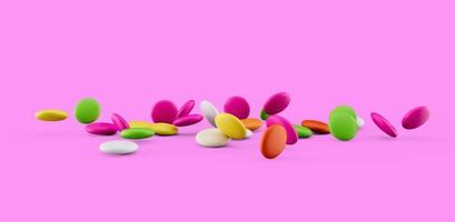 kleurrijk suiker snoepjes, 3d regenboog snoep bonen geïsoleerd Aan roze achtergrond, 3d illustratie foto