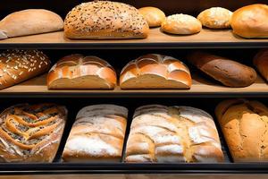 divers brood verkoop Bij de Scherm bakkerij winkel plank. foto