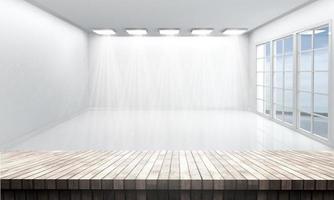 3d houten tafel die uitkijkt op een witte lege ruimte foto