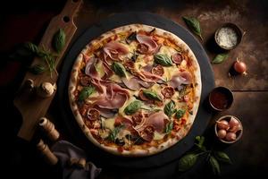 capricciosa pizza gemaakt van ham en champignons. traditioneel Italiaans pizza voedsel fotografie foto