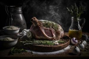 vers schweinshaxe met kruiden, knoflook en zout voedsel fotografie foto