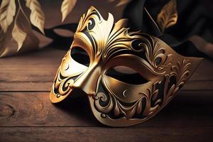 gouden Venetiaanse masker Aan een houten tafel foto