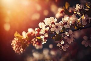 voorjaar bloesem achtergrond. natuur tafereel met bloeiend boom en zon gloed. voorjaar bloemen. mooi boomgaard fotografie foto