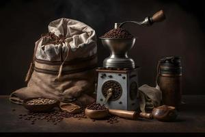 Arabisch koffie bonen in zak en Slijper met grond koffie drinken fotografie foto