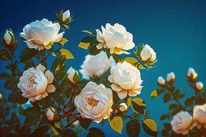 wit struik rozen Aan een achtergrond van blauw lucht in de zonlicht. mooi voorjaar of zomer bloemen achtergrond foto