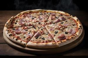 capricciosa pizza gemaakt van ham en champignons. traditioneel Italiaans pizza voedsel fotografie foto