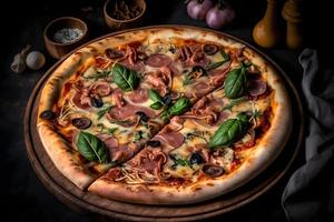 capricciosa pizza gemaakt van ham en champignons. traditioneel Italiaans pizza voedsel fotografie foto