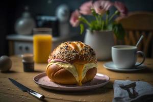eigengemaakt bun gemaakt van kaas en ham voor ontbijt voedsel fotografie foto