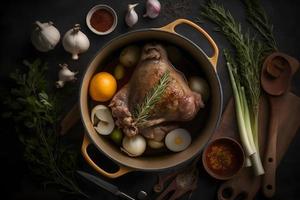 ingrediënten voor geroosterd varkensvlees knokkel in braadpan met specerijen foto