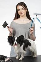 jong professioneel groomer met huisdieren. ze is poseren met een instrument. papillon hond en meisje kapper. foto