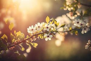 voorjaar bloesem achtergrond. natuur tafereel met bloeiend boom en zon gloed. voorjaar bloemen. mooi boomgaard fotografie foto