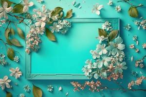 mooi voorjaar natuur achtergrond met lief bloesem, bloemblad een Aan turkoois blauw achtergrond kader foto