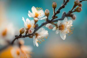 foto's mooi bloemen voorjaar abstract achtergrond van natuur. takken van bloeiende abrikoos macro met zacht focus Aan teder licht blauw lucht achtergrond foto