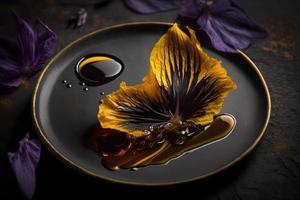 eigengemaakt en smakelijk gebakken lila bloem in zonnebloem olie fotografie foto