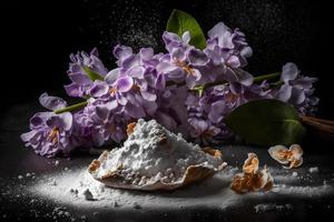 eigengemaakt en smakelijk gebakken lila bloem met gepoederd suiker voedsel fotografie foto