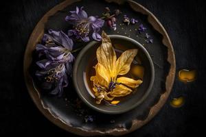 eigengemaakt en smakelijk gebakken lila bloem in zonnebloem olie fotografie foto