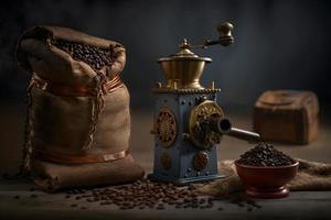 Arabisch koffie bonen in zak en Slijper met grond koffie drinken fotografie foto