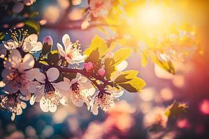 voorjaar bloesem achtergrond. natuur tafereel met bloeiend boom en zon gloed. voorjaar bloemen. mooi boomgaard fotografie foto