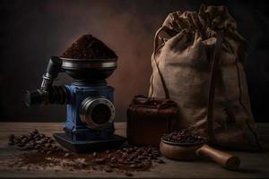 Arabisch koffie bonen in zak en Slijper met grond koffie drinken fotografie foto