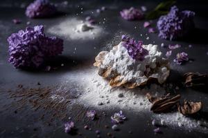 voorbereiding voor gebakken lila bloem met gepoederd suiker. zoet toetje fotografie foto