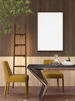 3d illustratie mockup blanco foto kader in dining kamer renderen