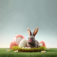 konijn en decoratief eieren Aan groen gras en bloemen voor Pasen vakantie viering achtergrond kaart foto